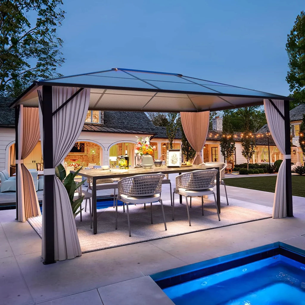 EROMMY Gazebo a tetto rigido, Pergola da esterno con doppio tetto, zanzariere e tende, Tenda da sole resistente per patio, cortile, feste in piscina