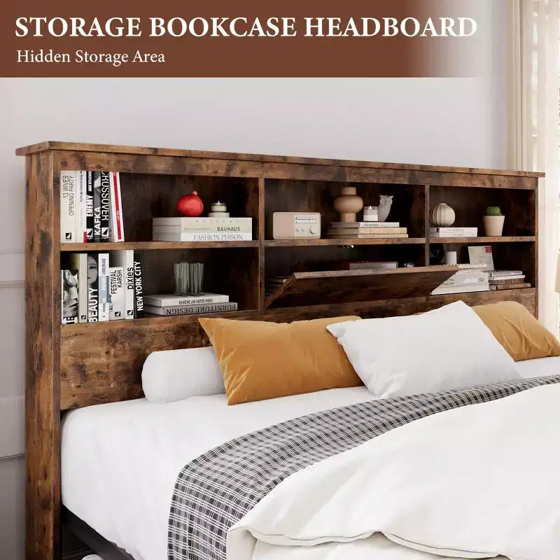 Struttura Letto Matrimoniale con Testiera Contenitore, Struttura Letto in Legno con 4 Cassetti, Libreria Contenitore e Letto a Piattaforma King Size con Robusto Supporto in Metallo