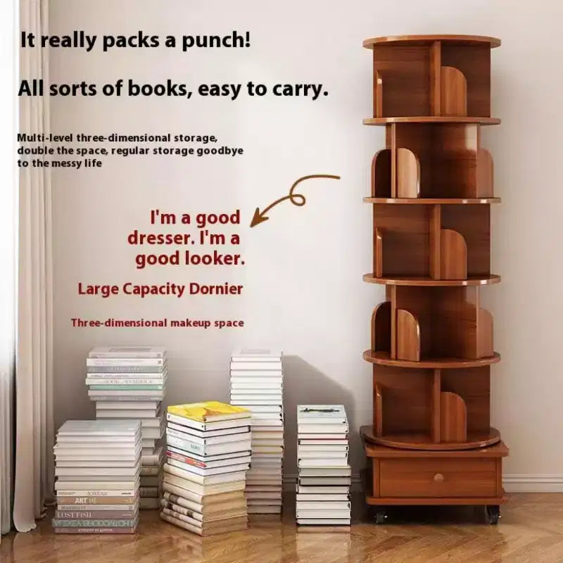 Chic Crate Libreria ad angolo girevole a 360° a 6 livelli con ruote, libreria stretta per piccoli spazi, marrone noce