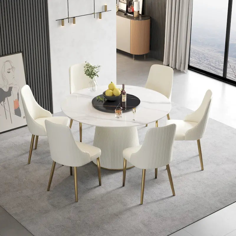 Tavolo da pranzo rotondo da 53" per 6 persone con piano in pietra sinterizzata e Lazy Susan