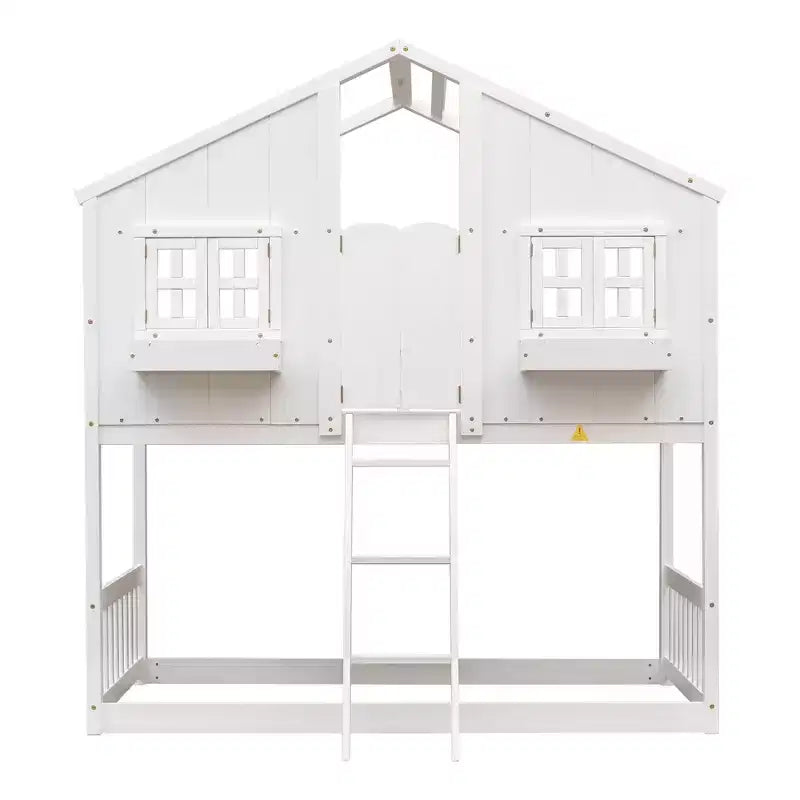 Letto a soppalco a forma di casetta con scaletta e spondine per bambini, in legno, misura singola