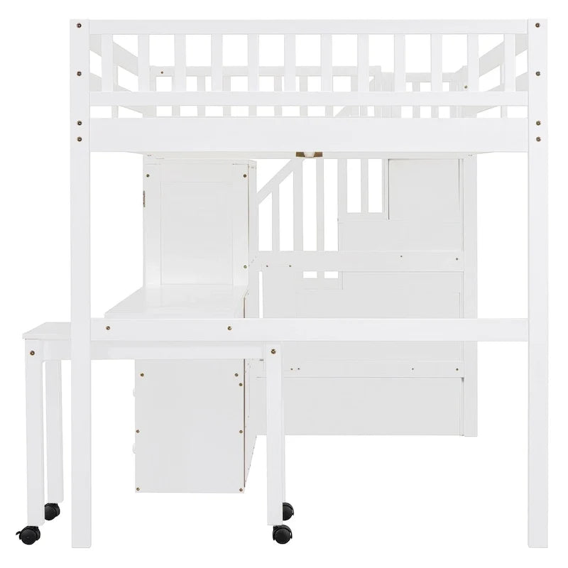 Letto a soppalco full-size con scala, libreria, scrivania e armadio - Mobili multifunzionali salvaspazio per bambini e ragazzi - Bianco