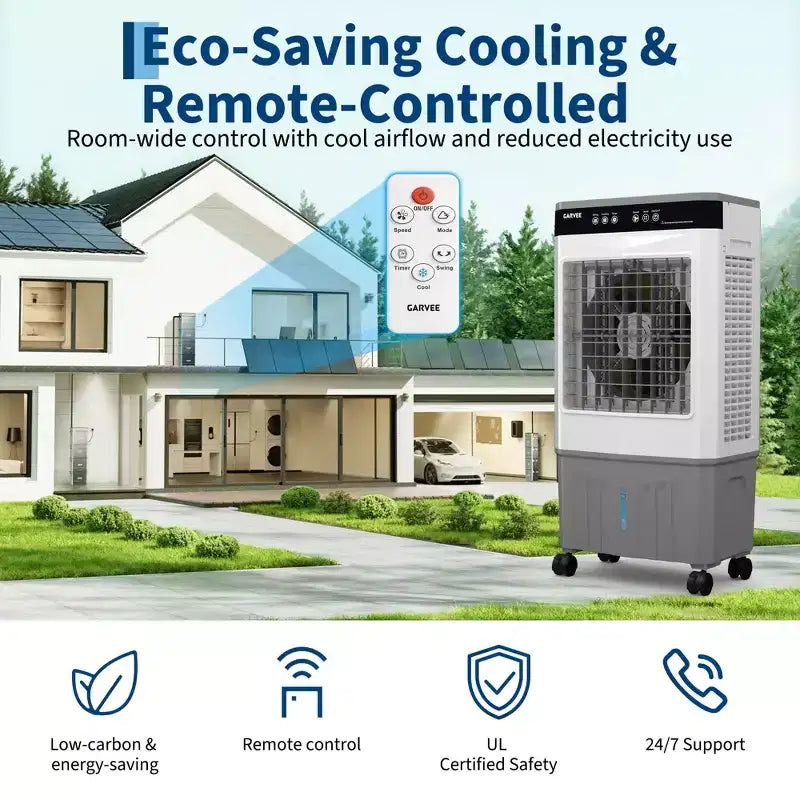 Raffrescatore Evaporativo con Serbatoio dell'Acqua, 4 Sacchetti di Ghiaccio, 3 Velocità, Oscillazione di 120°, Telecomando e Timer di 12 Ore, 150W Portatile da Pavimento