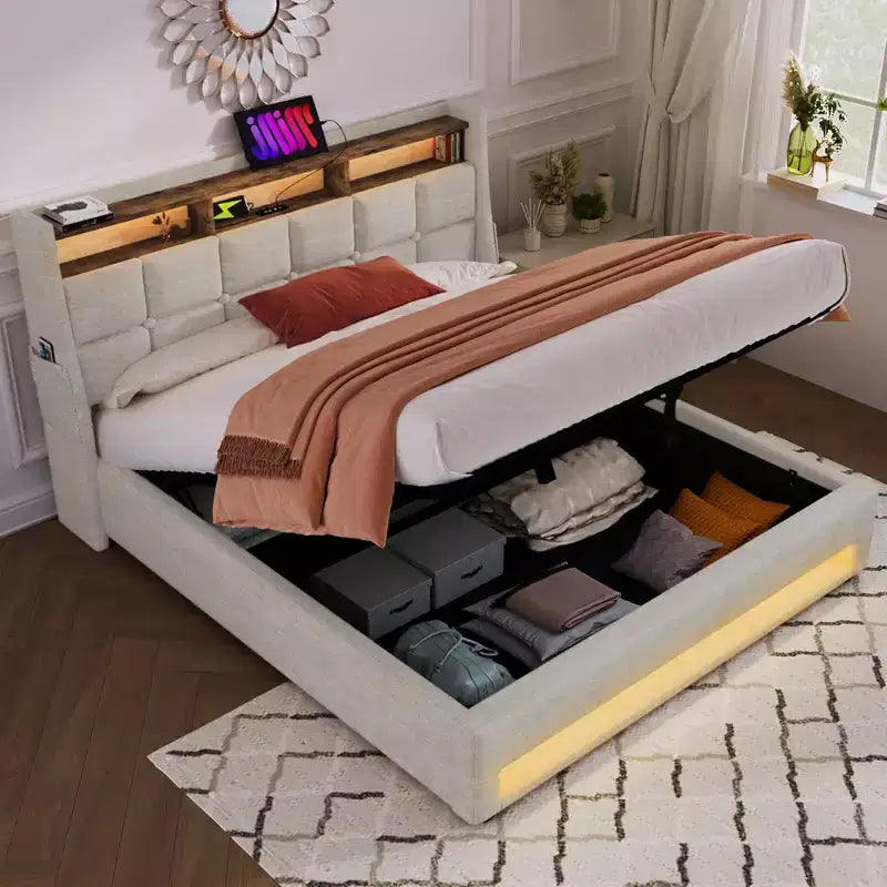 Letto Queen Size con Contenitore Idraulico, LED, USB, Testiera Imbottita, Nessuna Rete a Molle, Facile Montaggio