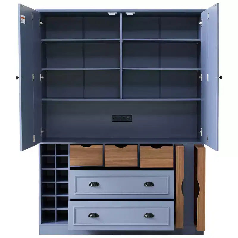 Whisen Armadio Dispensa per Cucina Autoportante Alto 180 cm, Grande Credenza Contenitore per Sala da Pranzo con 4 Ante Pieghevoli, Ripiani, Portabottiglie