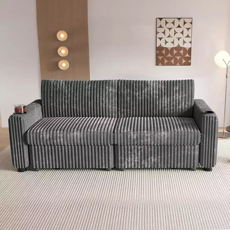 Divano Letto Sezionale Dyonery 91 con Letto Estraibile, Schienale Reclinabile/Due Letti Estraibili/Porte USB/Portabicchieri, Velluto a Coste Peluche