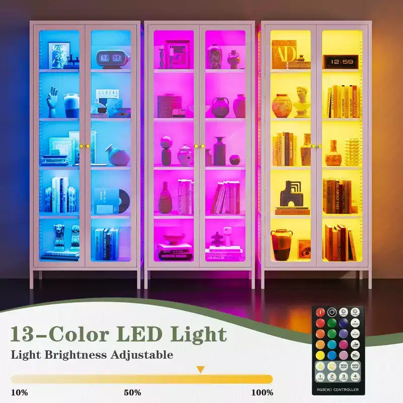 Bekrvio Vetrina in vetro a 3 lati 67H con luci a LED, 5 ripiani con doppia anta e struttura in metallo per oggetti da collezione, ideale per piccoli spazi