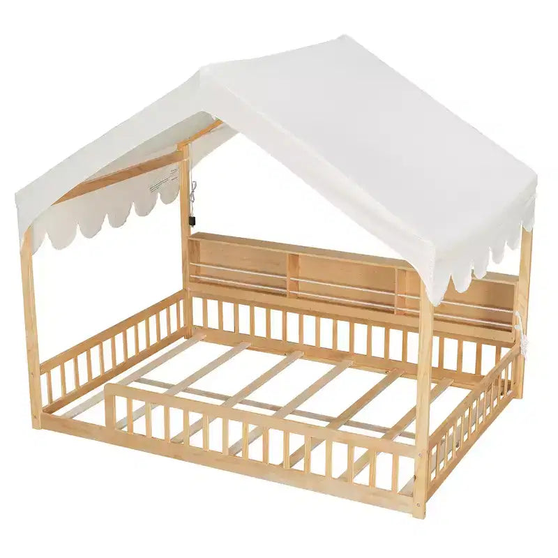 Whisen Letto a terra in legno a grandezza naturale, divano letto a forma di casetta con recinzione, 3 mensole portaoggetti, tenda