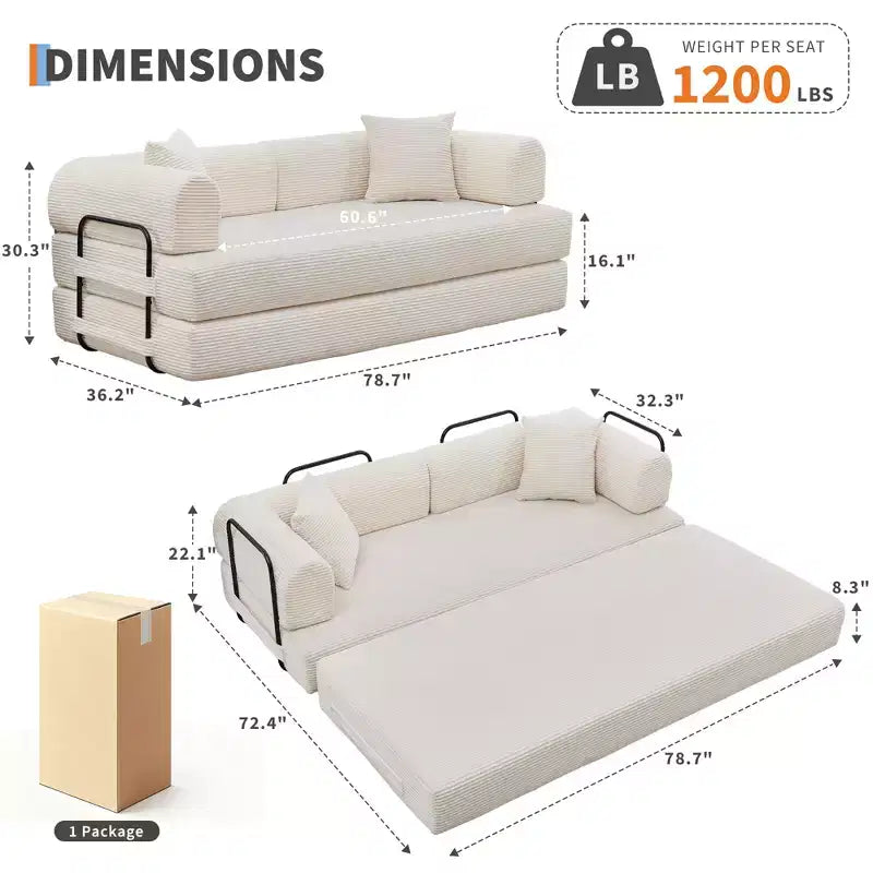 Divano letto convertibile 4-in-1, materasso pieghevole senza telaio in velluto a coste da 79 pollici con cuscino, divanetto senza montaggio per piccoli appartamenti