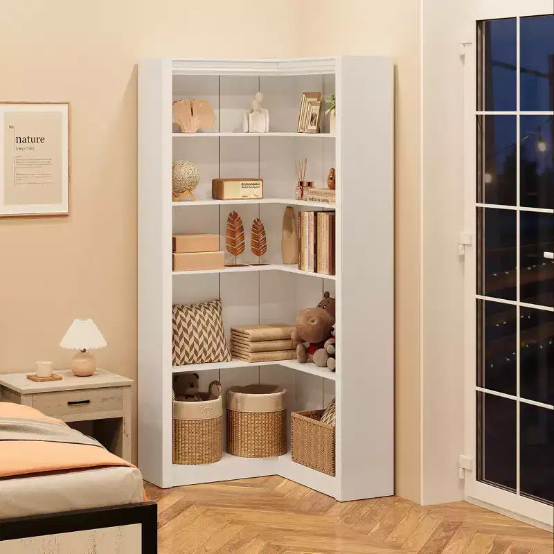 Libreria angolare a 5 ripiani a forma di L, in stile retrò, Bianco/Nero/Legno, singola
