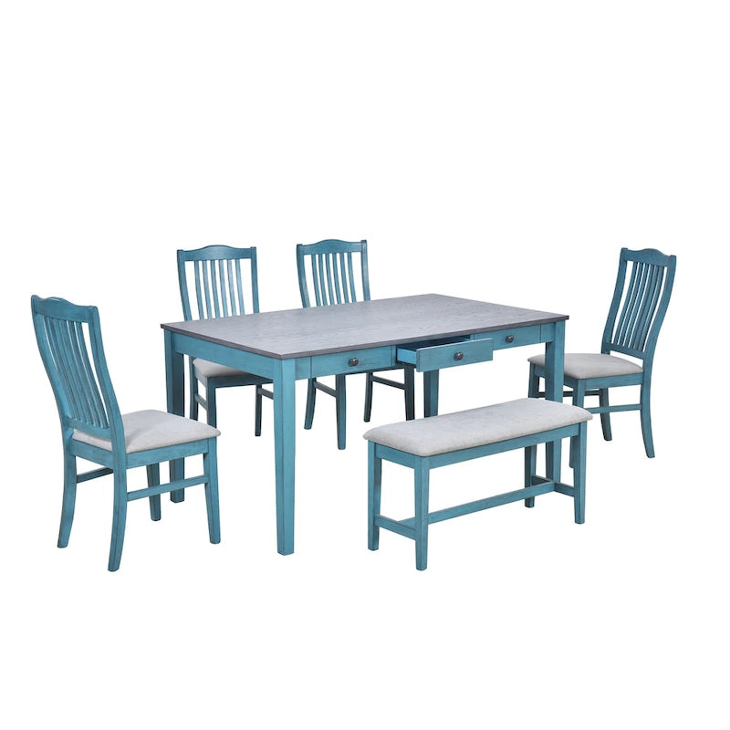 Set da pranzo di 6 pezzi in legno con 4 sedie e panca, tavolo con cassetto