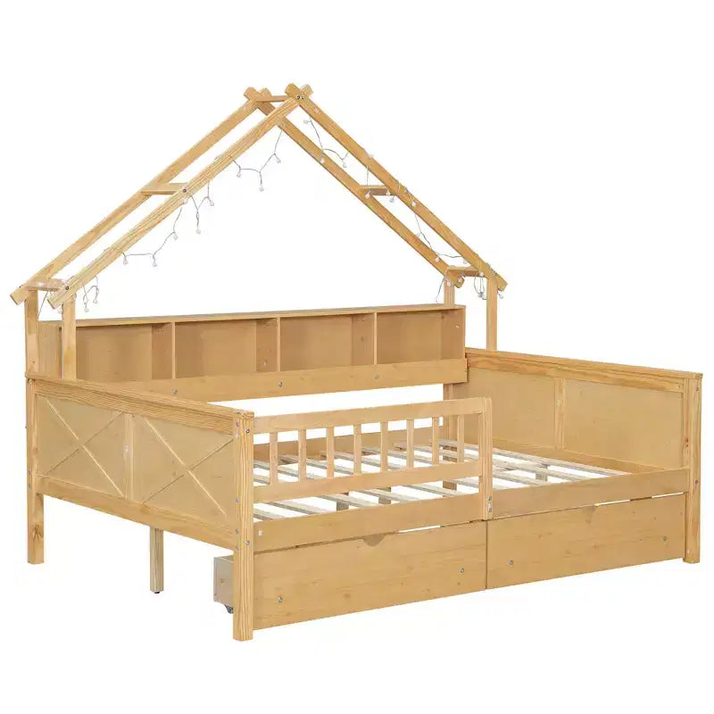Struttura letto a casetta a grandezza naturale con cassetti, letto a piattaforma a casetta con luci LED, mensole e cassetti portaoggetti, divano letto in legno con tetto e sponda