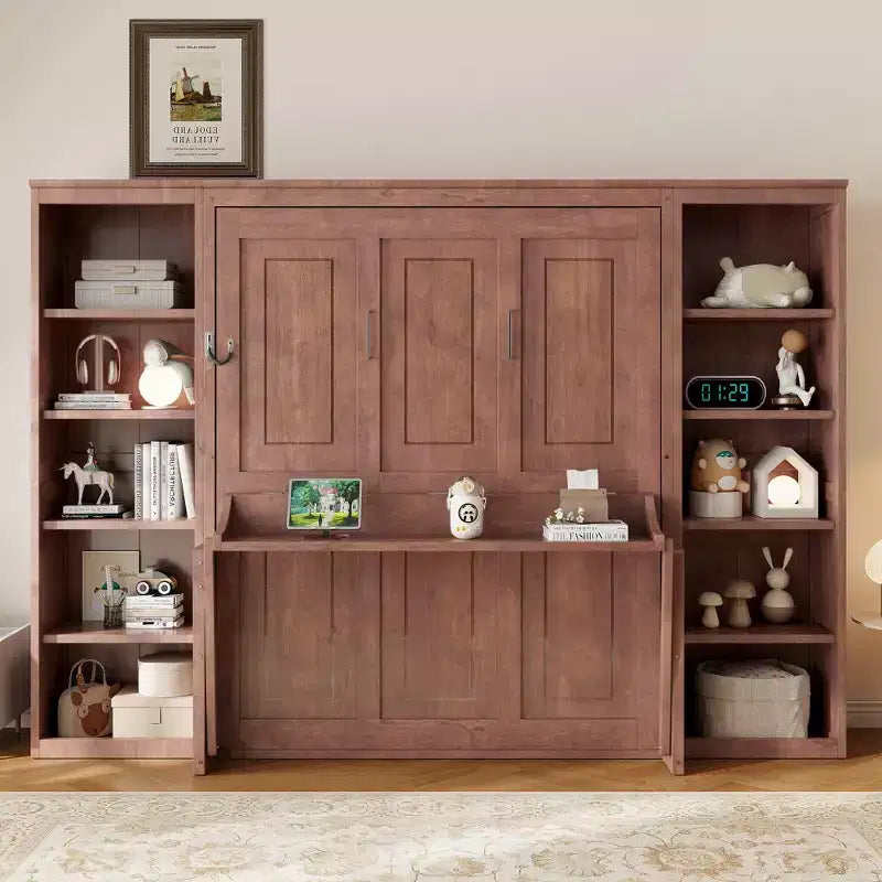 Letto a scomparsa matrimoniale/queen size salvaspazio con scrivania e libreria, marrone scuro - ModernLuxe