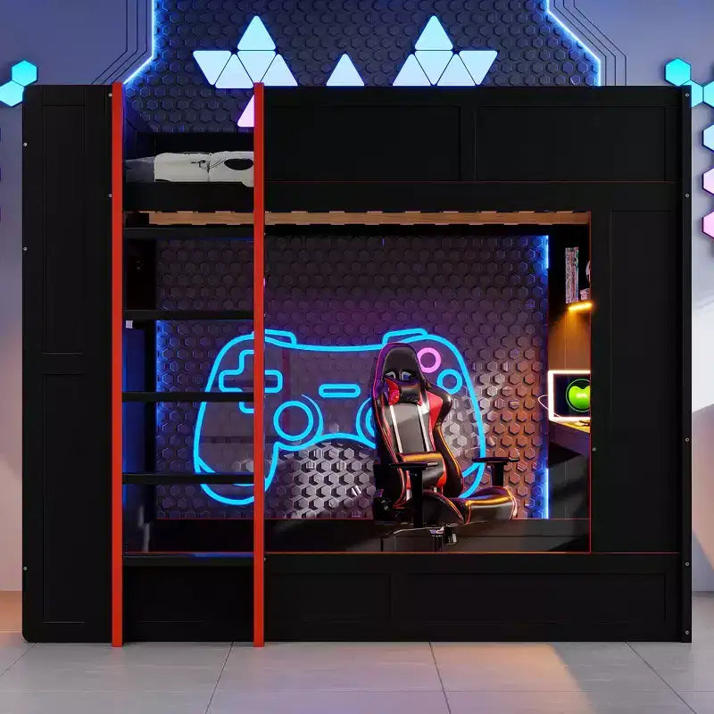 Letto a castello da gaming in legno a grandezza naturale con scrivania integrata, mensole, luci LED a 7 colori e stazione di ricarica, nero - ModernLuxe