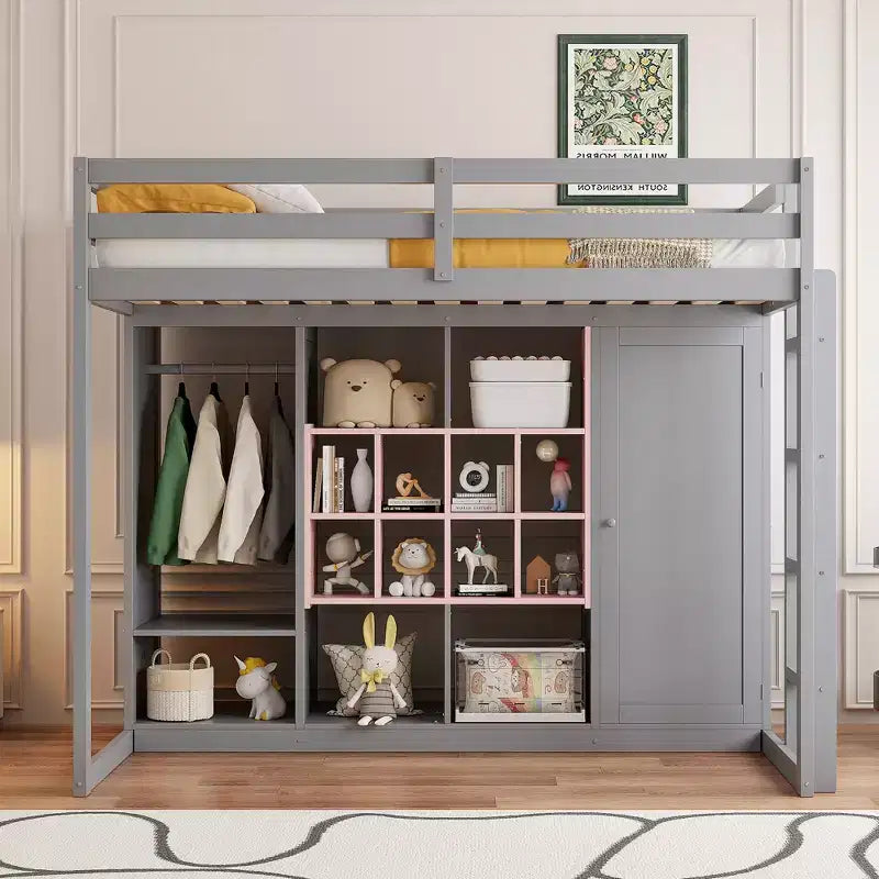 Letto a soppalco per bambini con armadio e mensole, Struttura in legno per letto a soppalco con mobiletto contenitore per bambini e ragazzi