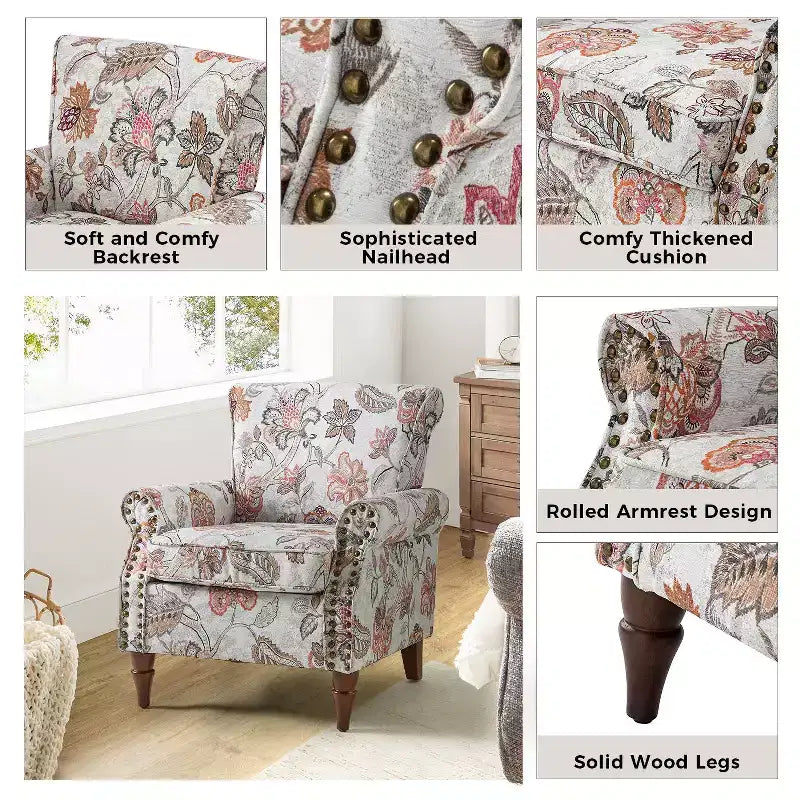 Poltrona Araceli Tradizionale in Legno Imbottita Floreale con Schienale Alto e Borchie | ART OF LIVING DESIGNS