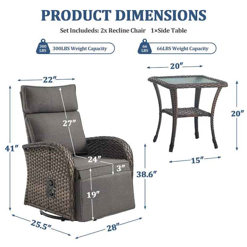 Pocassy 3PCS Versatile Outdoor Recliner Chair with Side Table Grey Cushion