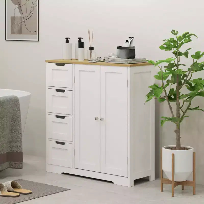 Mobiletto da Bagno HOMCOM con Ripiano Regolabile, Armadietto da Bagno Indipendente con 4 Cassetti e 2 Ante, Bianco