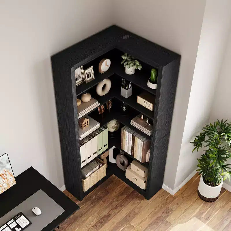 Libreria angolare a 5 ripiani a forma di L, in stile retrò, Bianco/Nero/Legno, singola