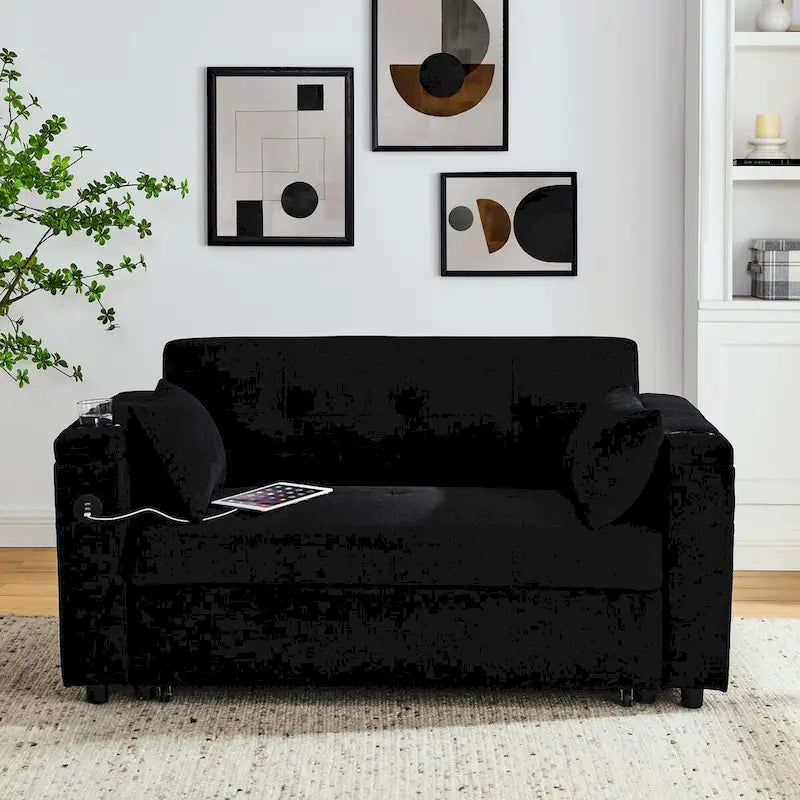 Divano Letto Estraibile 54", Divano Reclinabile 2 Posti con Contenitore, Cuscino Lombare, Presa USB