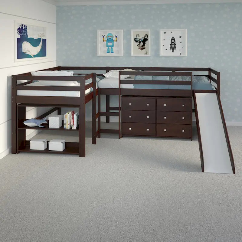 Set camera da letto a soppalco con scivolo a L, doppia matrimoniale, color cappuccino scuro