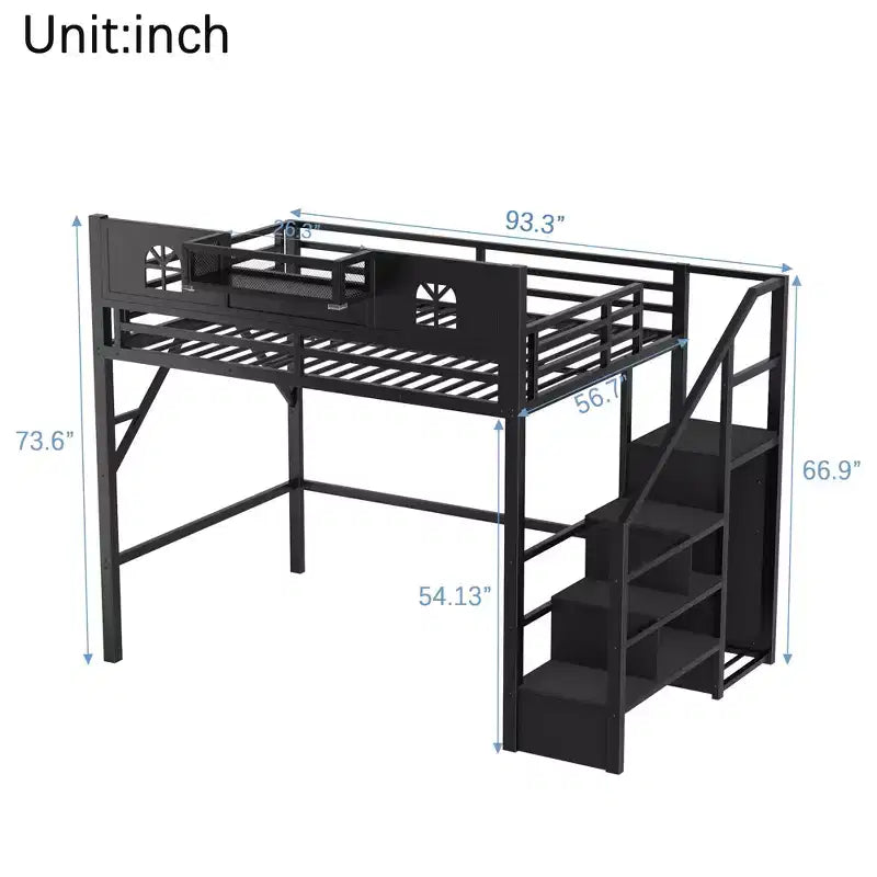 Letto a soppalco ModernLuxe matrimoniale/queen size con scale e armadio integrato, struttura letto in metallo con luci a LED, stazione di ricarica USB e ripiani portaoggetti