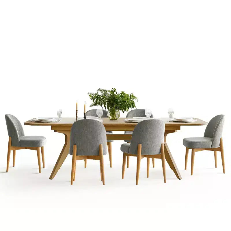 Set da pranzo da 7 pezzi, tavolo allungabile 78-96 con base a cavalletto e sedie imbottite con gambe in legno massello-Panipeachy