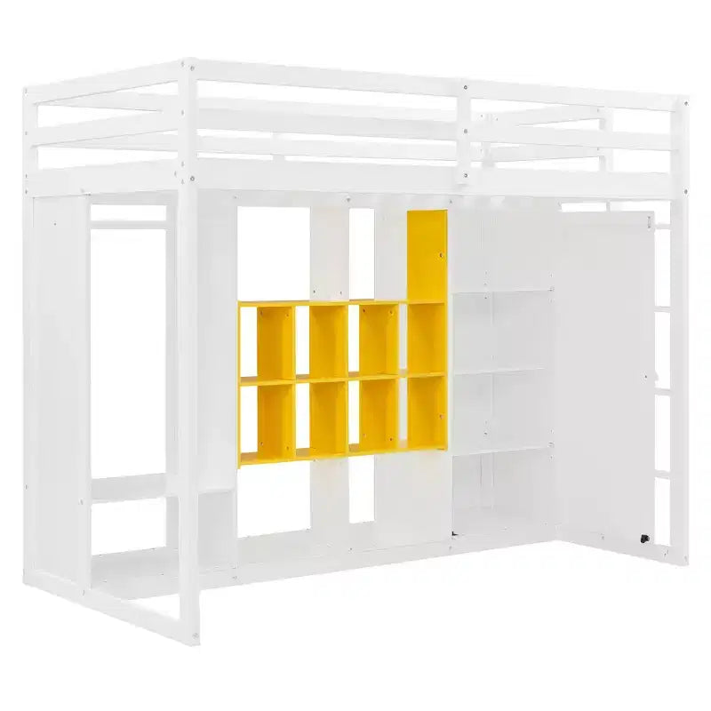 Letto a soppalco per bambini con armadio e mensole, Struttura in legno per letto a soppalco con mobiletto contenitore per bambini e ragazzi