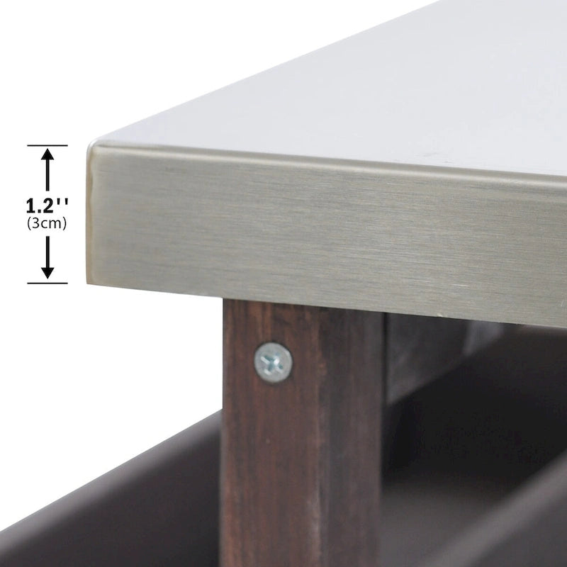 Isola Cucina da Esterno, Carrello Bar con Ruote e Mobile Contenitore, Tavolo per Barbecue in Legno Massello con Piano in Acciaio Inox, Porta Spezie, Porta Asciugamani
