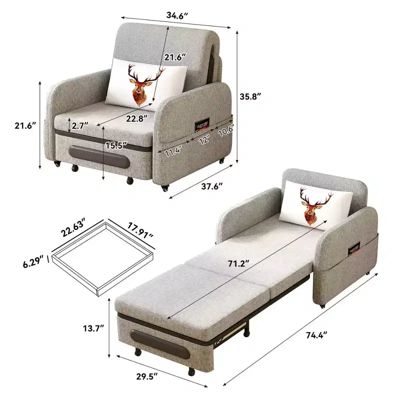 Gaoyangjiaju Poltrona Letto Trasformabile 3 in 1 con Cassetto Contenitore - Divano Letto Estraibile con Tasca Laterale e Cuscino - Grigio