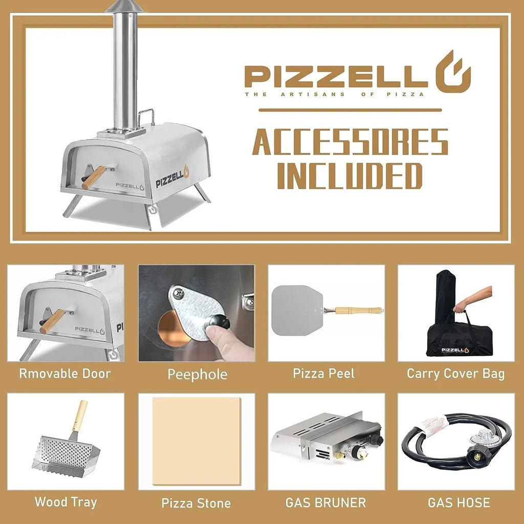 Forno per pizza da esterno multifuel per pizza con bruciatore a gas e contenitore per legna - 12 pollici