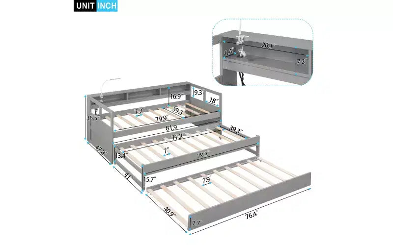 Whisen Twin XL Daybed in Legno con 2 Letti Estraibili, 3 Vani portaoggetti, 1 Luce Gratuita e USB per la Ricarica
