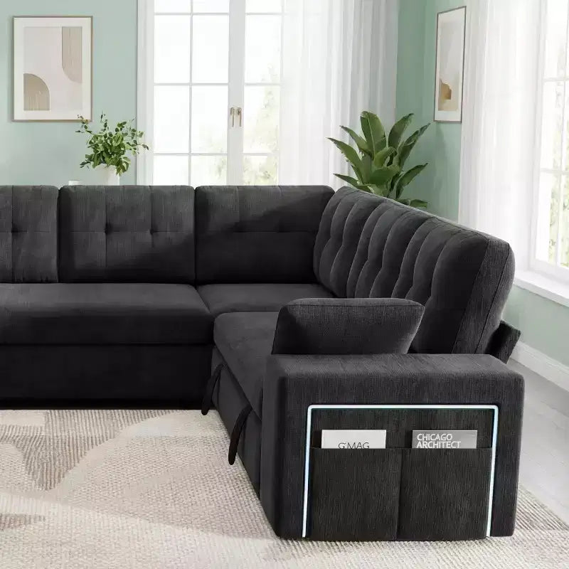 Divano letto componibile modulare Dyonery 112 con letto estraibile, divano componibile a U con contenitore, divani con seduta extra ampia e profonda per soggiorno