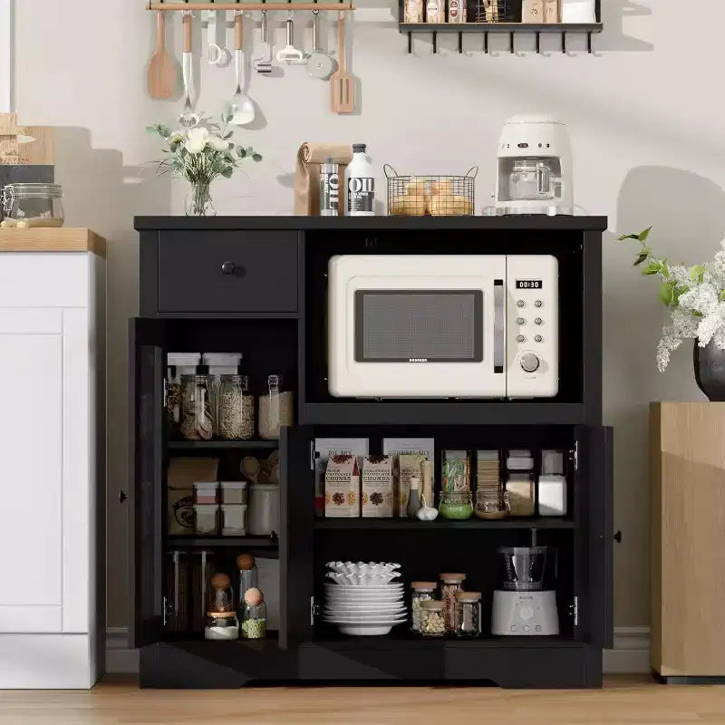 Mobiletto da cucina per microonde con contenitore, con 3 ante, 1 cassetto e ripiani regolabili, mobiletto dispensa