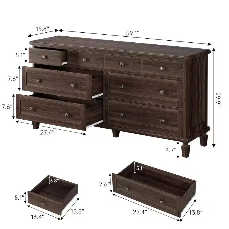 Comò a 8 cassetti per camera da letto, mobile TV vintage da 150 cm con maniglie intagliate e gambe affusolate, cassettiera in legno con grande capacità di archiviazione