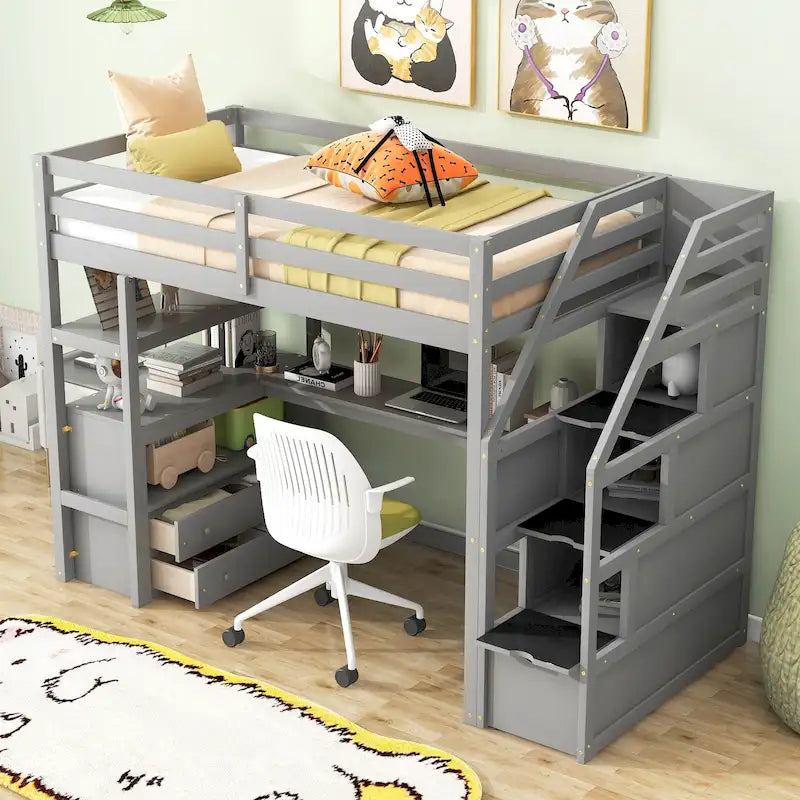 Letto a soppalco singolo con scrivania e mensole, due cassetti integrati, scala contenitore
