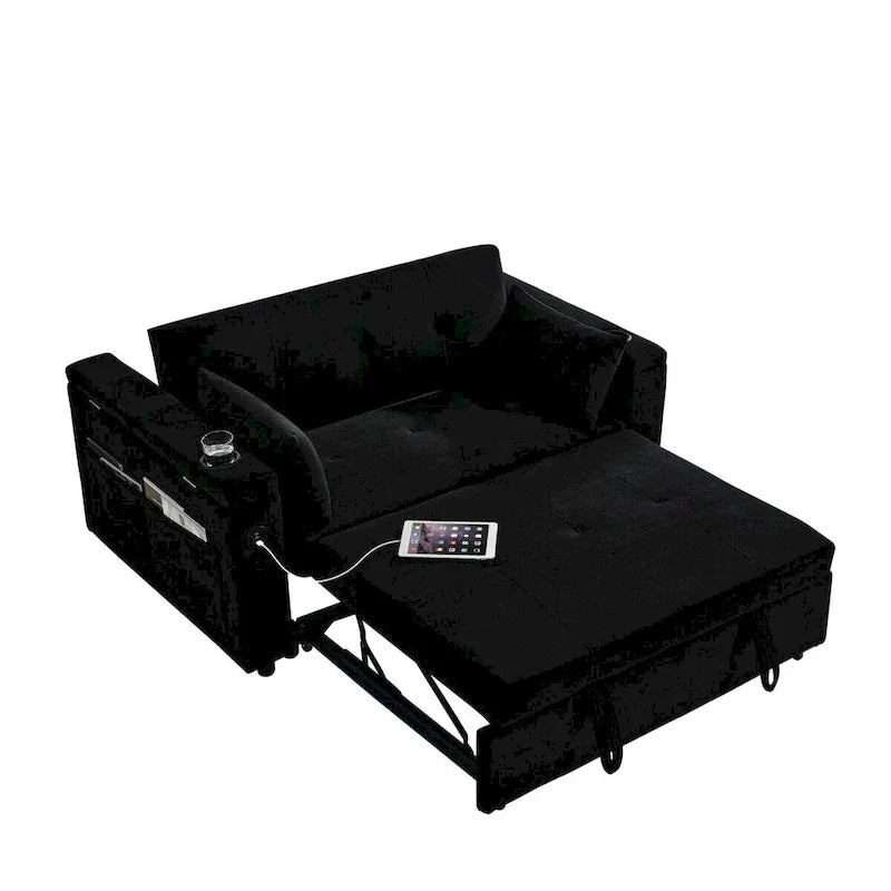 Divano Letto Estraibile 54", Divano Reclinabile 2 Posti con Contenitore, Cuscino Lombare, Presa USB