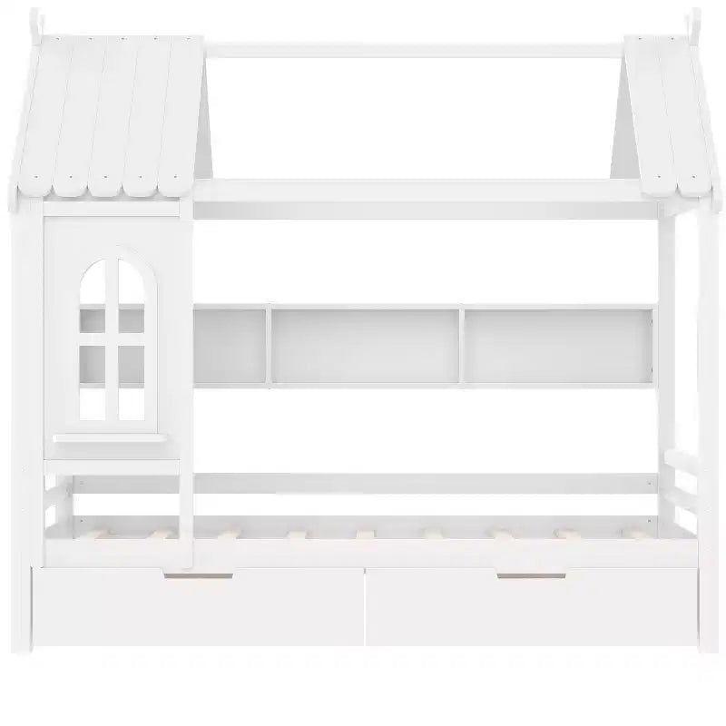 Letto a piattaforma a forma di casa con cassetti contenitori e finestra, struttura in legno massello con mensole, design giocoso per bambini, bianco chiaro