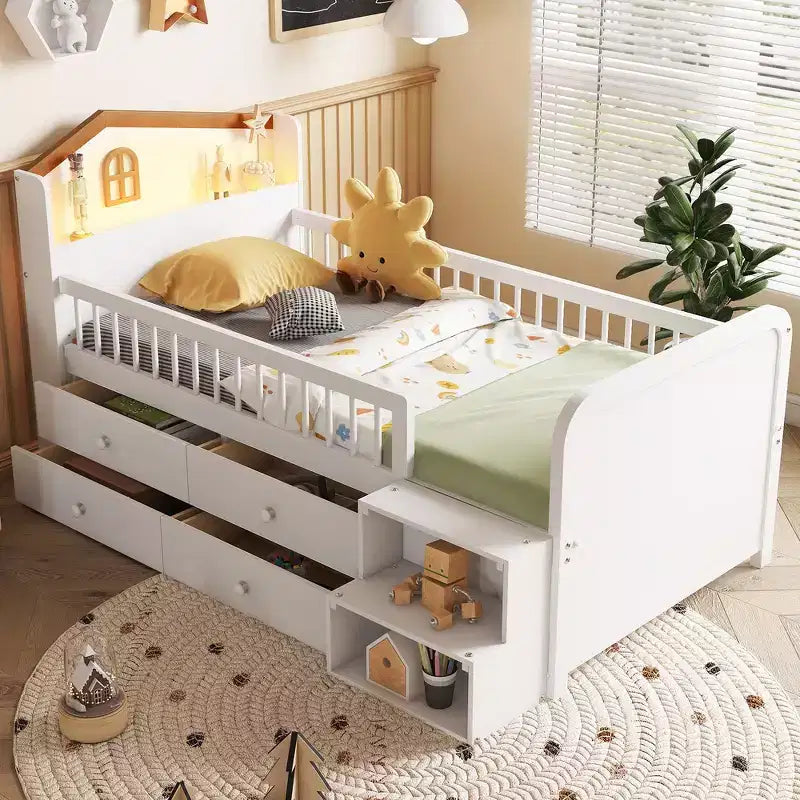 Letto a soppalco basso Whisen con luci a LED, testiera a forma di casetta e cassetti portaoggetti, struttura solida