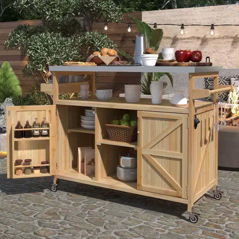 Îlot de cuisine d'extérieur Okak avec plateau en acier inoxydable, chariot de cuisine en bois avec portes, étagères et porte-épices, îlot de cuisine roulant