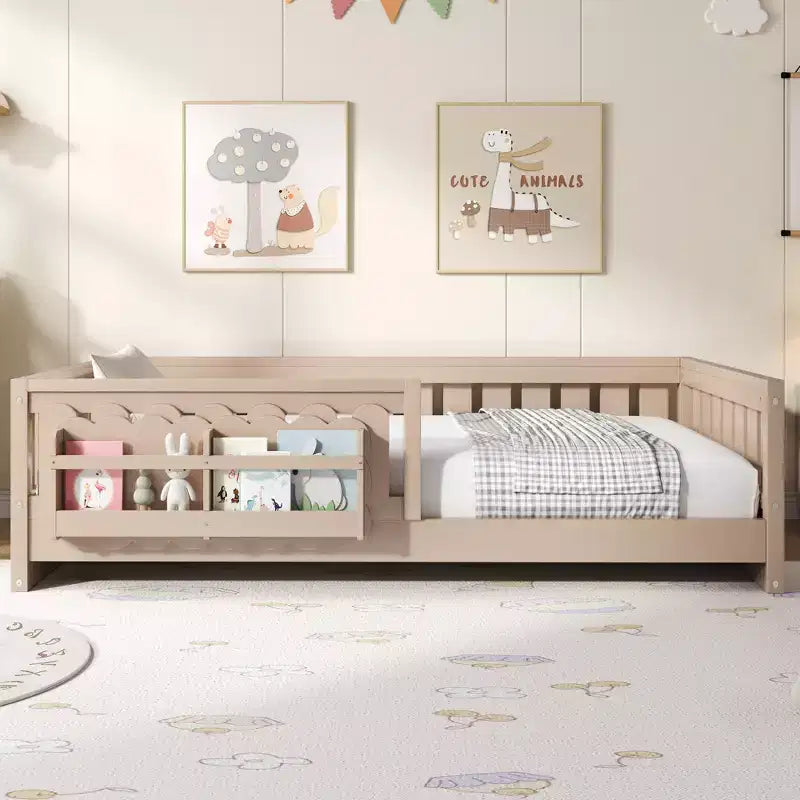 Struttura letto a piattaforma per bambini di dimensioni Twin e Full con sponda di protezione, librerie integrate e ripiani portaoggetti