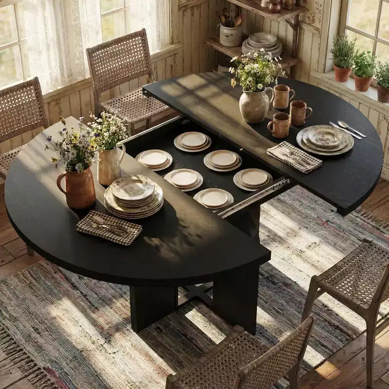 Tavolo da pranzo rotondo allungabile 47-63 per 4-8 persone, tavolo da cucina allungabile in legno stile rustico con struttura in metallo, salvaspazio ovale per appartamento, grigio retrò