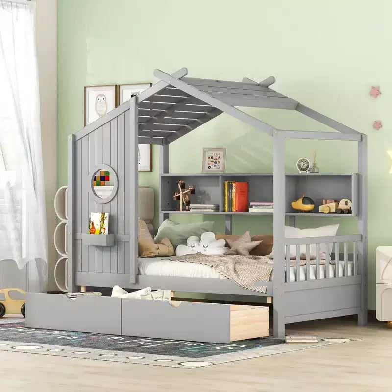 Letto a casetta in legno per bambini, piazza singola/matrimoniale, con 2 cassetti e ripiano portaoggetti - ModernLuxe