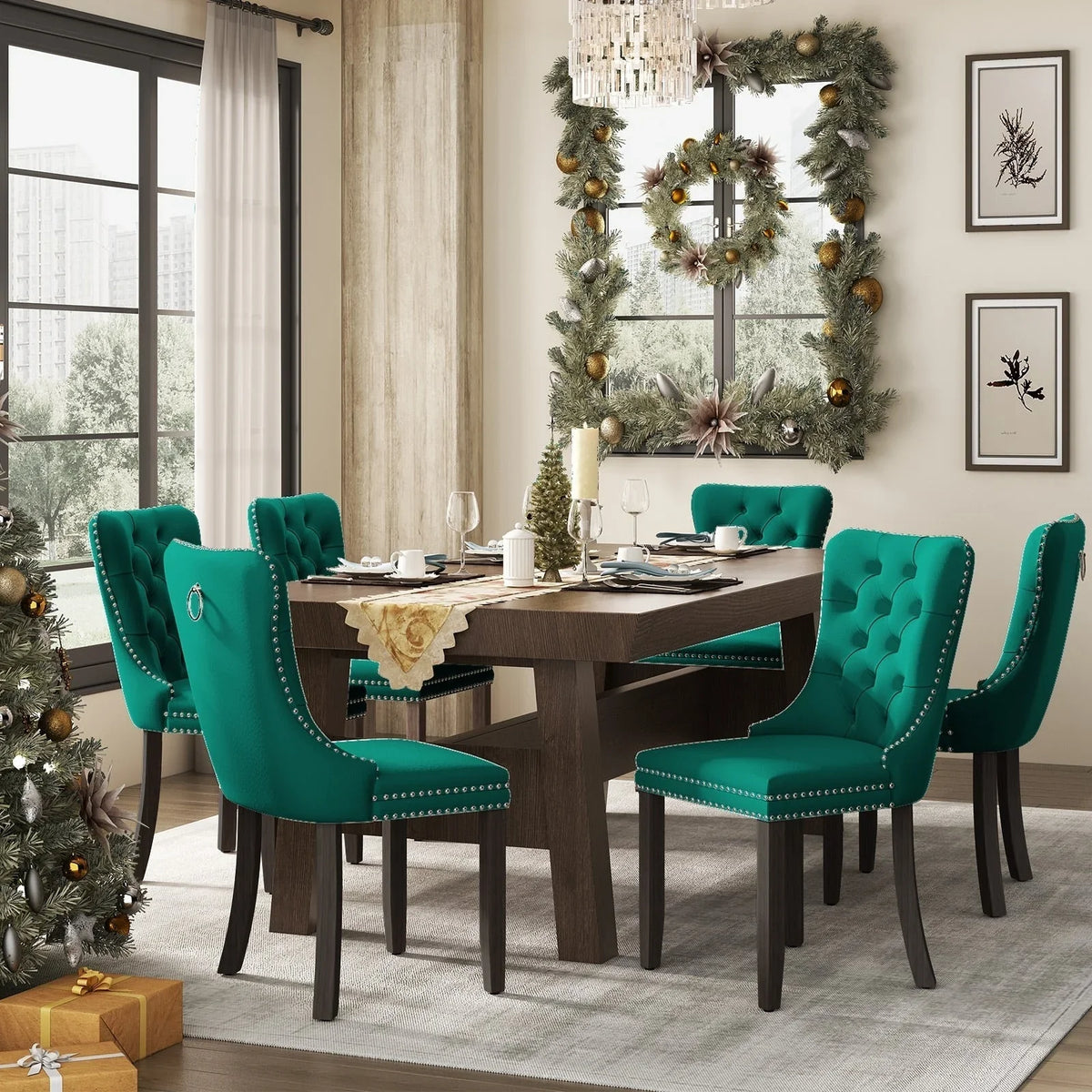 Sedie da pranzo imbottite in velluto trapuntato con gambe in legno massello, set da 6