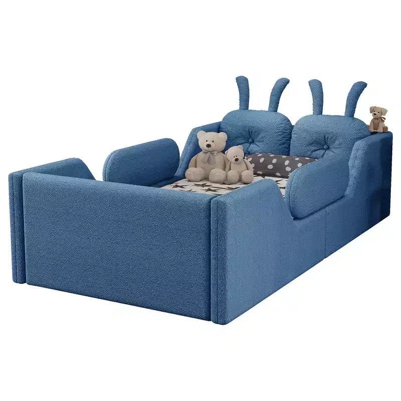 Lit plateforme double Whisen, cadre de lit rembourré pour enfants avec coussin lapin, barrières latérales amovibles