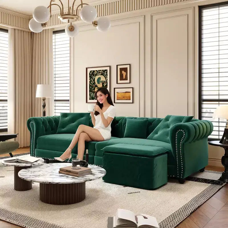 Divano Letto Estraibile 3-in-1 King Size in Velluto Whisen e Divano Letto Convertibile con Ottomana Mobile, Design Trapuntato