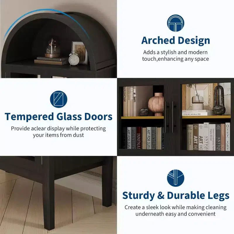 Mobile Contenitore, Nero/Bianco, Stile Arco, Singolo, Alto 71 con Luci a LED e Ante in Vetro