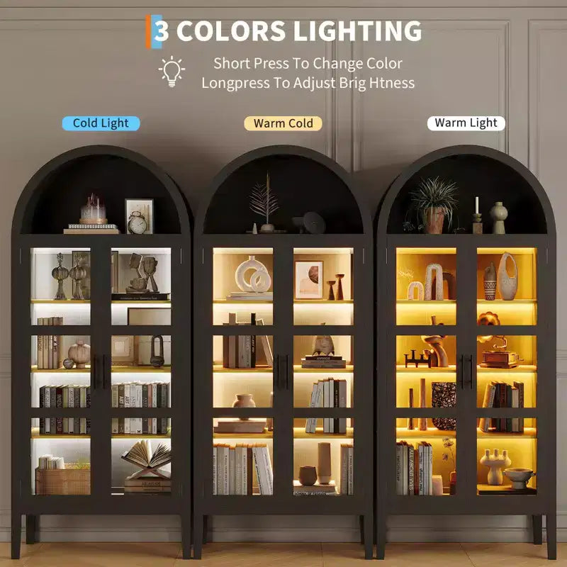 Mobile Contenitore, Nero/Bianco, Stile Arco, Singolo, Alto 71 con Luci a LED e Ante in Vetro