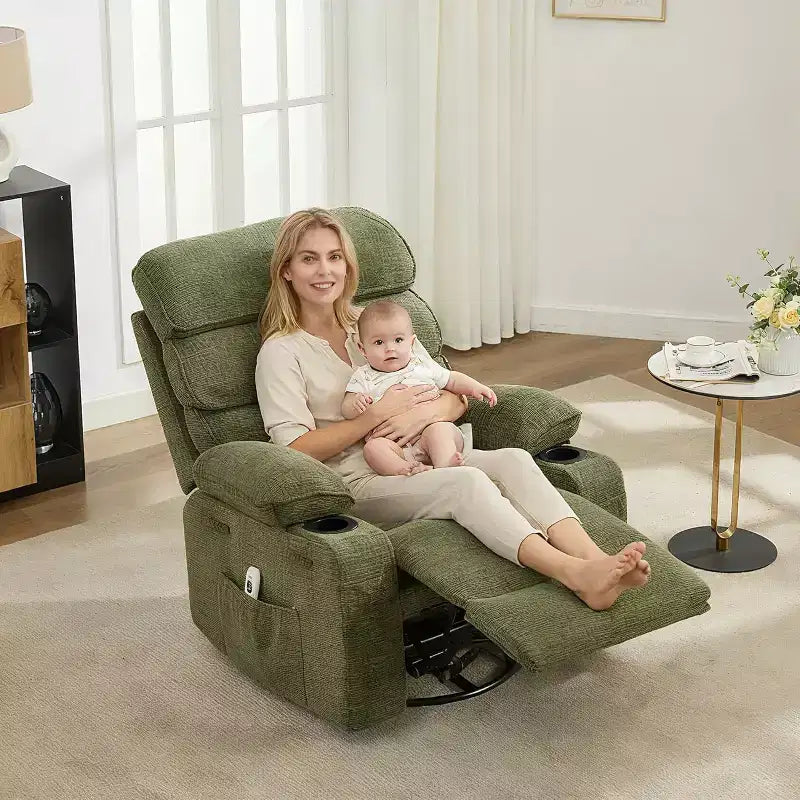 Fauteuil inclinable massant avec fonction de chauffage, fauteuil inclinable et pivotant à 360° pour adultes, fauteuil de nurserie en lin avec poche latérale, deux porte-gobelets