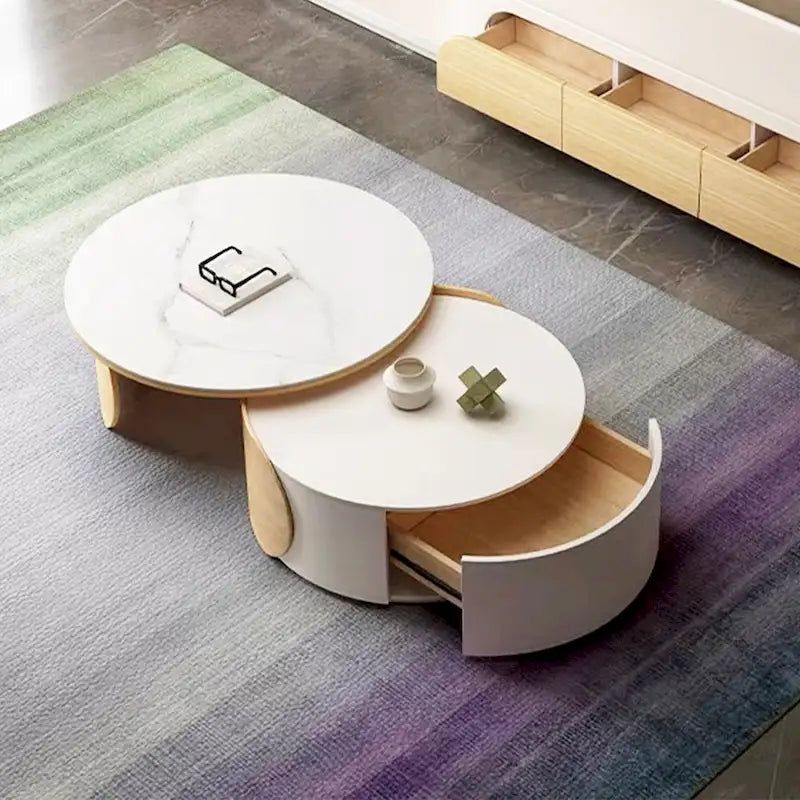 Tavolino moderno rotondo, piano in pietra, legno naturale - 50 x 31.5